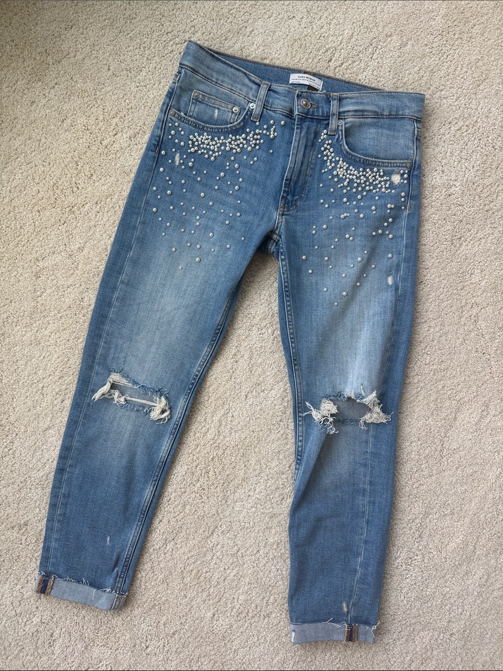 Zara Pearl-Embellished Distressed Women’s Jeans - Light Blue